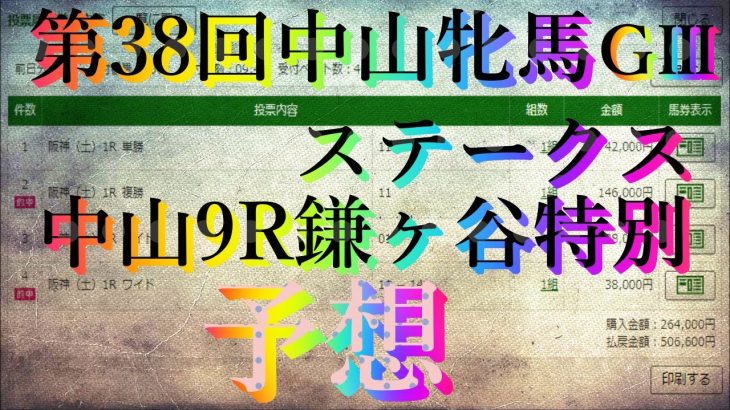 【競馬予想】第39回中山牝馬ステークスGⅢ＆中山9R鎌ヶ谷特別