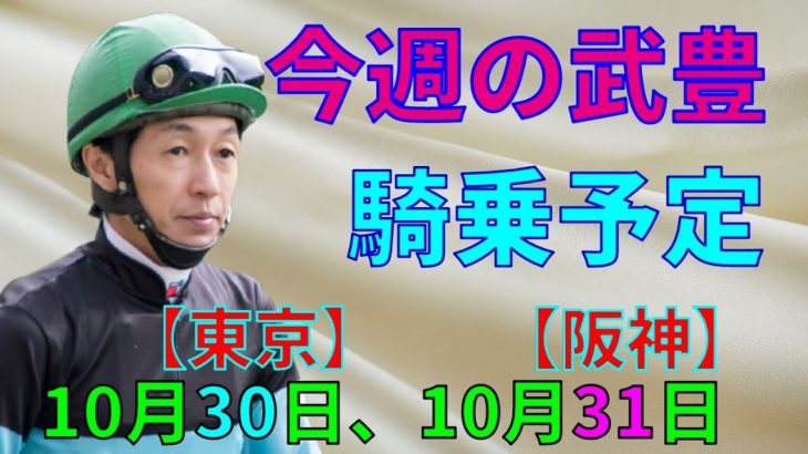 【競馬】武豊騎乗予定　10月30日は東京、31日は阪神で騎乗します！アルテミスステークスにはシンシアウィッシュ、大注目の新馬戦やアドマイヤビルゴが予定されていて楽しみです！